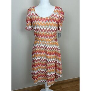 NY COLLECTION A-Line Dress Beige Pink Orange Gold Sparkles Short Sleeve Size Med